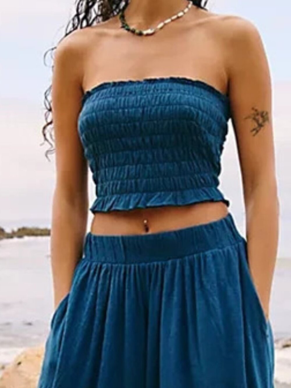 Free People Solange Deep Sea Cropped Only Top Fp Beach Smocked Ruffle M
